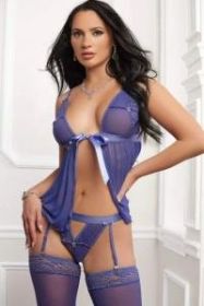 3PC FLYAWAY BABYDOLL TIE FRONT GARTER THONG & STOCKINGS AMETHYST CRYSTAL